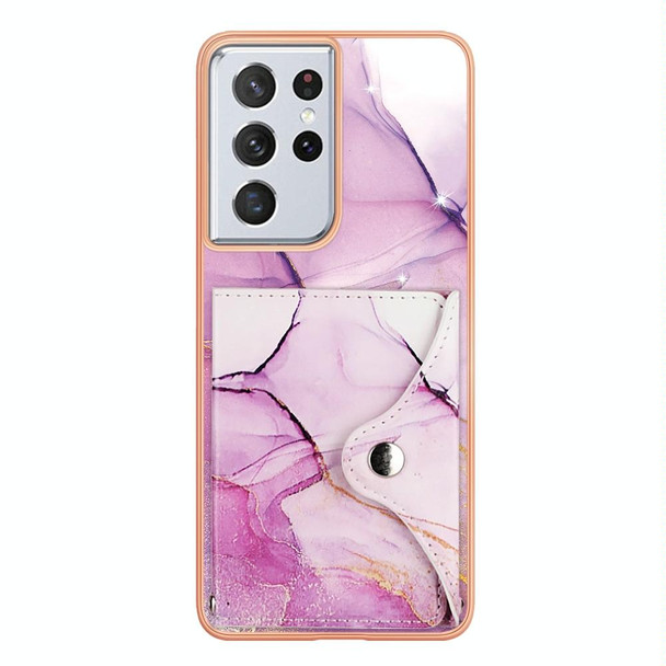 For Samsung Galaxy S21 Ultra 5G Marble Pattern IMD Card Slot Phone Case(Pink Purple Gold)