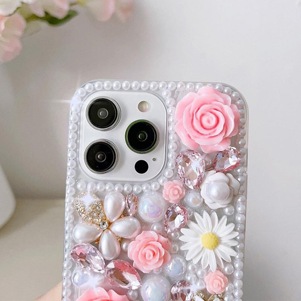 For iPhone 13 Rose Hand-set Diamond PC Phone Case(Pink)