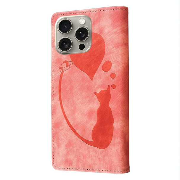For iPhone 14 Pro Pen Heart Cat Embossed Leather Phone Case(Orange)