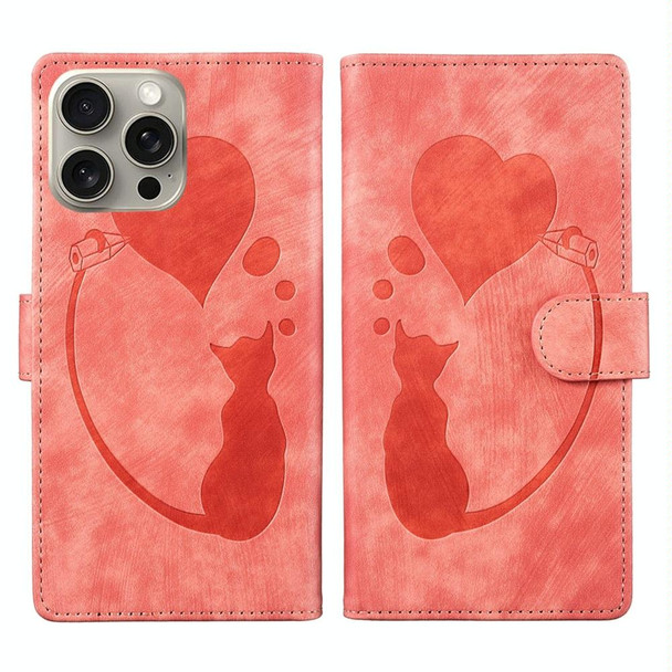 For iPhone 14 Pro Pen Heart Cat Embossed Leather Phone Case(Orange)