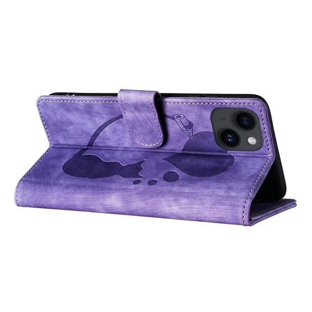 For iPhone 13 Pen Heart Cat Embossed Leather Phone Case(Purple)