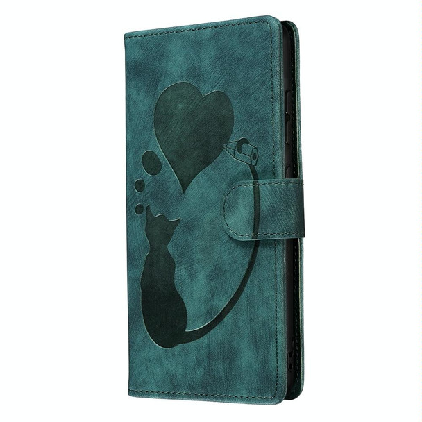 For Samsung Galaxy A23 5G Pen Heart Cat Embossed Leather Phone Case(Green)