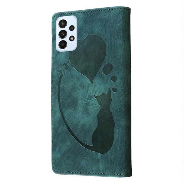 For Samsung Galaxy A23 5G Pen Heart Cat Embossed Leather Phone Case(Green)