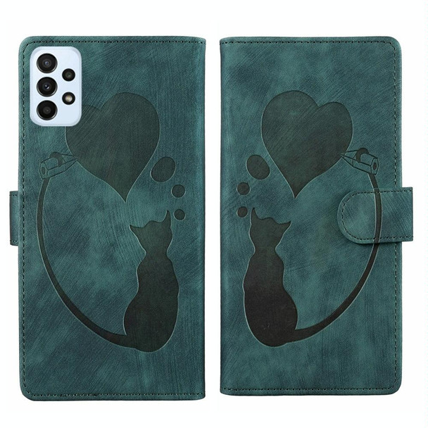 For Samsung Galaxy A23 5G Pen Heart Cat Embossed Leather Phone Case(Green)