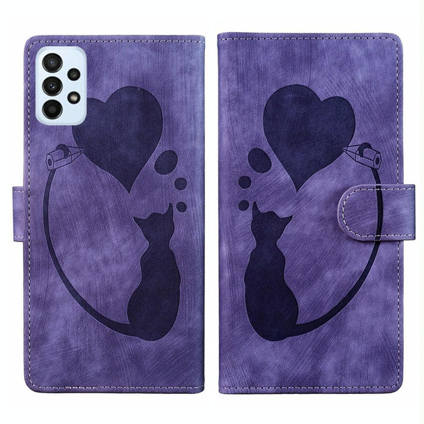 For Samsung Galaxy A23 5G Pen Heart Cat Embossed Leather Phone Case(Purple)