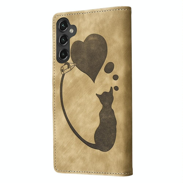 For Samsung Galaxy A25 5G Pen Heart Cat Embossed Leather Phone Case(Apricot)