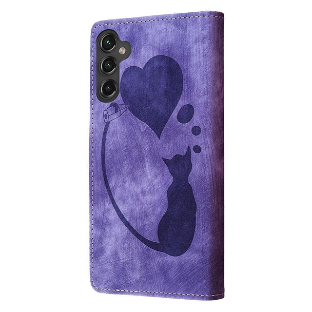 For Samsung Galaxy A25 5G Pen Heart Cat Embossed Leather Phone Case(Purple)