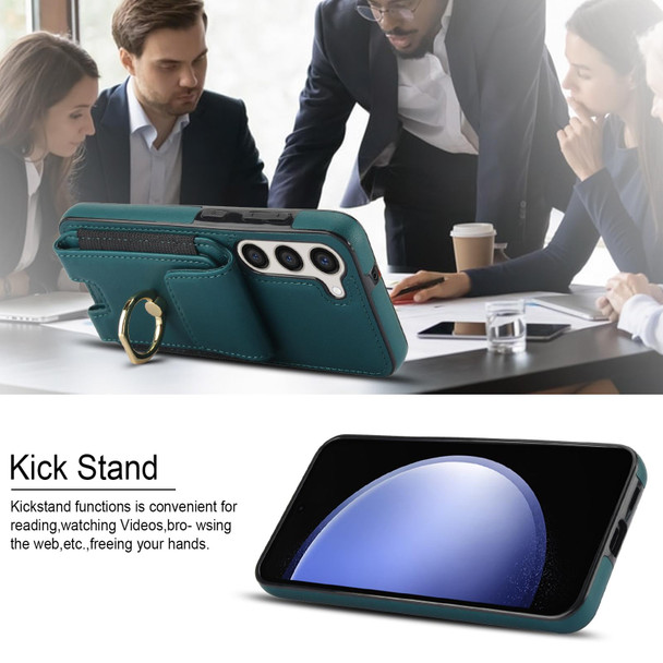 For Samsung Galaxy S23+ 5G Elastic Card Bag Ring Holder Phone Case(Dark Green)