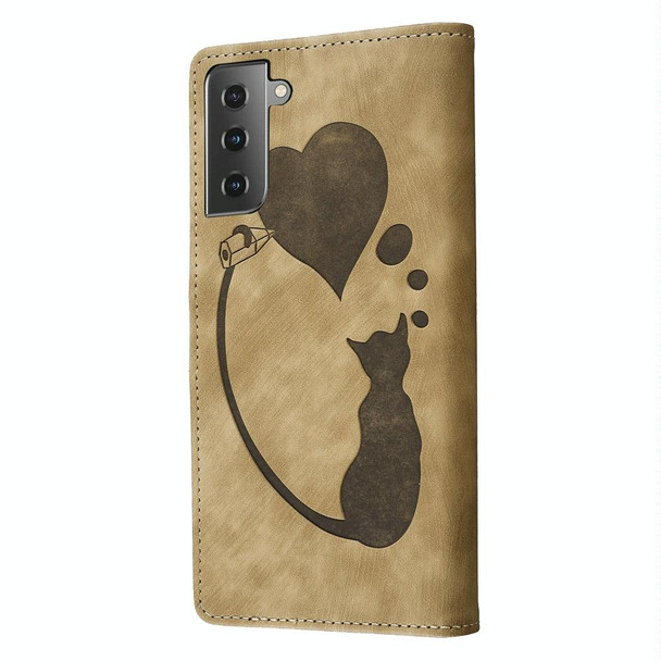 For Samsung Galaxy S22+ 5G Pen Heart Cat Embossed Leather Phone Case(Apricot)