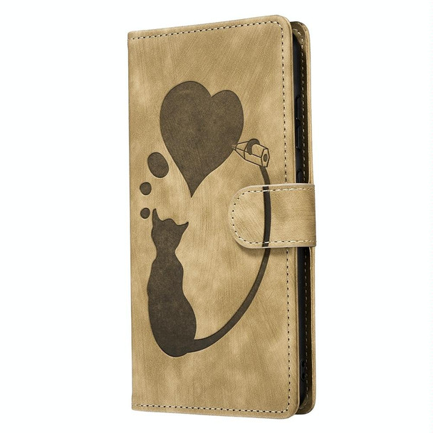 For Samsung Galaxy S20 FE 5G Pen Heart Cat Embossed Leather Phone Case(Apricot)