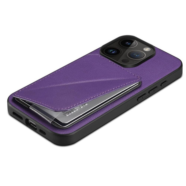 For iPhone 15 Pro D04 Calf Texture Dual Card Slot Holder Phone Case(Purple)