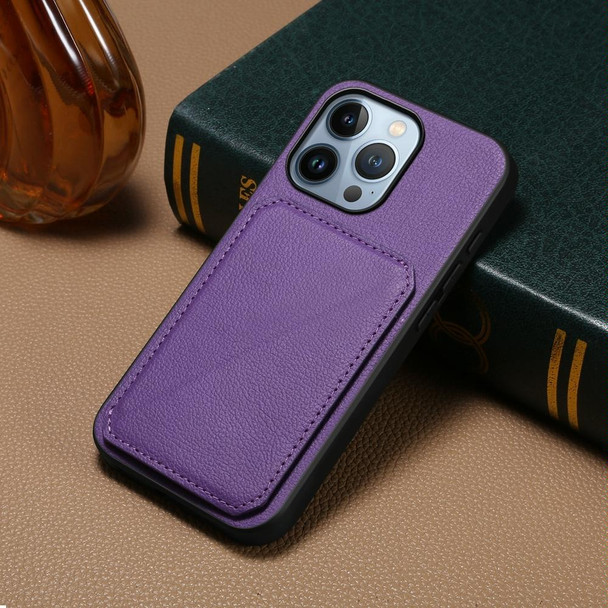 For iPhone 13 Pro D04 Calf Texture Dual Card Slot Holder Phone Case(Purple)