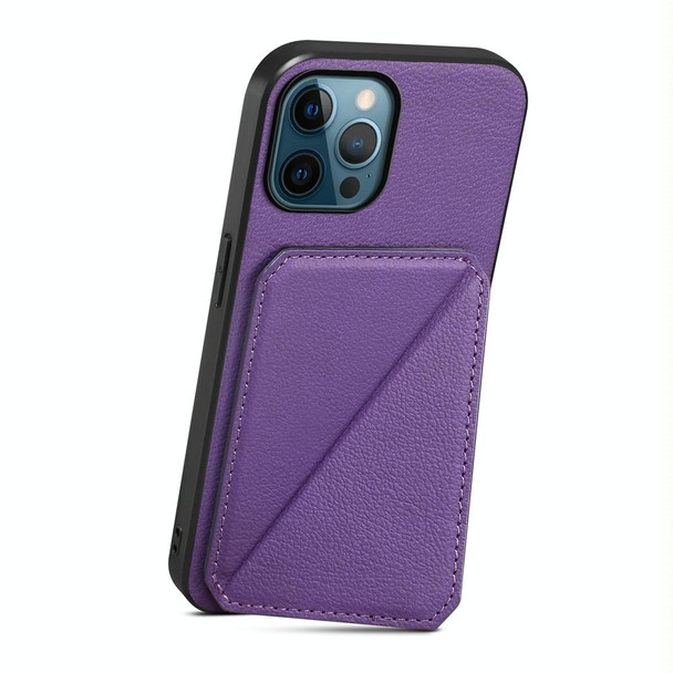 For iPhone 12 Pro Max D04 Calf Texture Dual Card Slot Holder Phone Case(Purple)