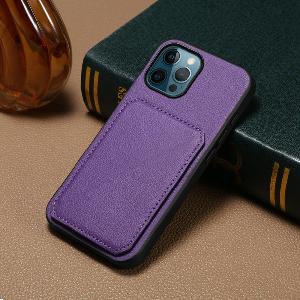 For iPhone 12 Pro Max D04 Calf Texture Dual Card Slot Holder Phone Case(Purple)