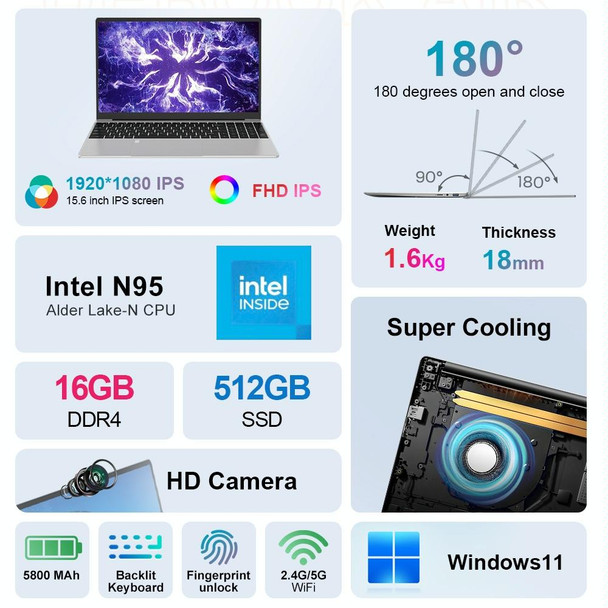 Ninkear N15 Air 15.6 inch Laptop, 16GB+512GB, Windows 11 Intel Celeron N95 Quad Core(US Plug)