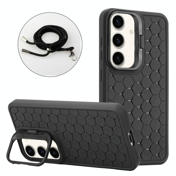 For Samsung Galaxy A14 4G/5G Honeycomb Radiating Holder TPU Phone Case with Lanyard(Black)