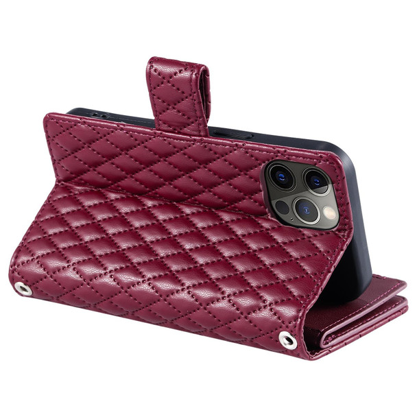 For iPhone 12 / 12 Pro Glitter Lattice Zipper Wallet Leather Phone Case(Wine Red)