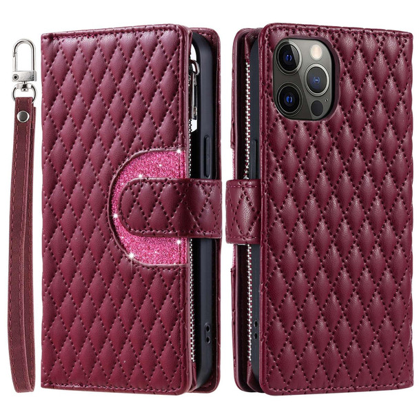 For iPhone 12 / 12 Pro Glitter Lattice Zipper Wallet Leather Phone Case(Wine Red)