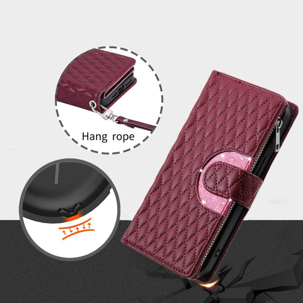 For iPhone 12 / 12 Pro Glitter Lattice Zipper Wallet Leather Phone Case(Wine Red)