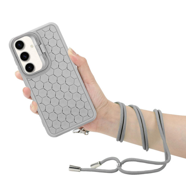 For Samsung Galaxy A14 4G/5G Honeycomb Radiating Holder TPU Phone Case with Lanyard(Grey)
