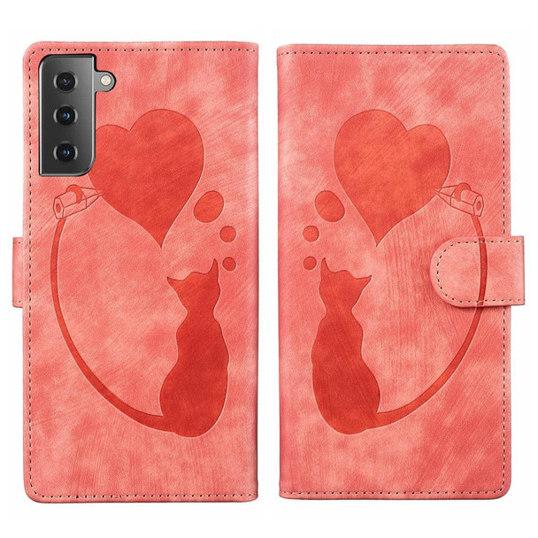 For Samsung Galaxy S22+ 5G Pen Heart Cat Embossed Leather Phone Case(Orange)