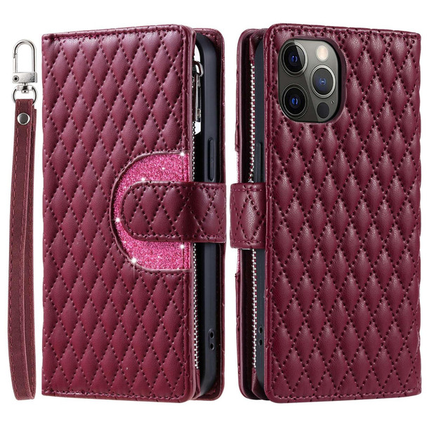 For iPhone 11 Pro Glitter Lattice Zipper Wallet Leather Phone Case(Wine Red)