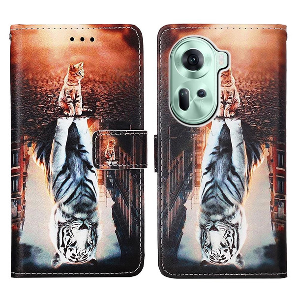 For OPPO Reno11 5G Global Colored Drawing Pattern Plain Weave Leather Phone Case(Cats And Tigers)