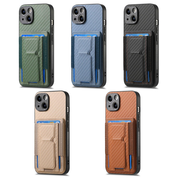 For iPhone 11 Pro Max Carbon Fiber Fold Stand Elastic Card Bag Phone Case(Khaki)