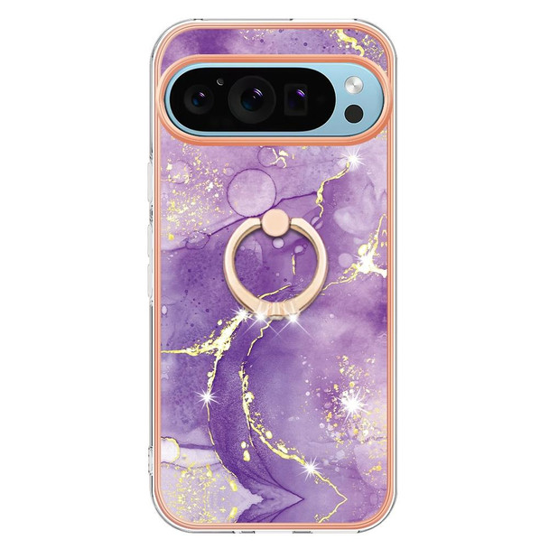 For Google Pixel 9 Pro Electroplating Marble IMD TPU Phone Case with Ring Holder(Purple 002)