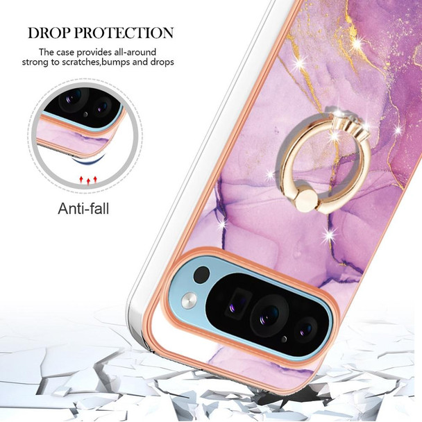 For Google Pixel 9 Pro Electroplating Marble IMD TPU Phone Case with Ring Holder(Purple 001)