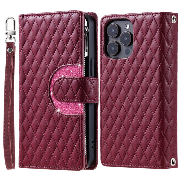 For iPhone 13 Pro Max Glitter Lattice Zipper Wallet Leather Phone Case(Wine Red)
