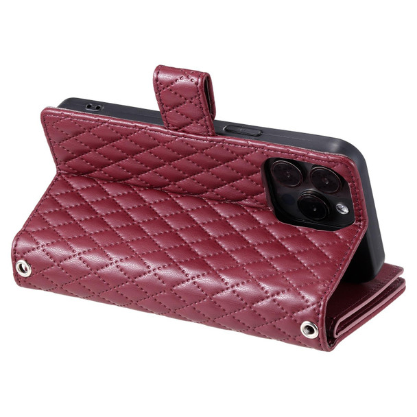 For iPhone 13 Pro Max Glitter Lattice Zipper Wallet Leather Phone Case(Wine Red)