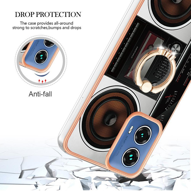 For Motorola Moto G34 Electroplating Dual-side IMD Phone Case with Ring Holder(Retro Radio)