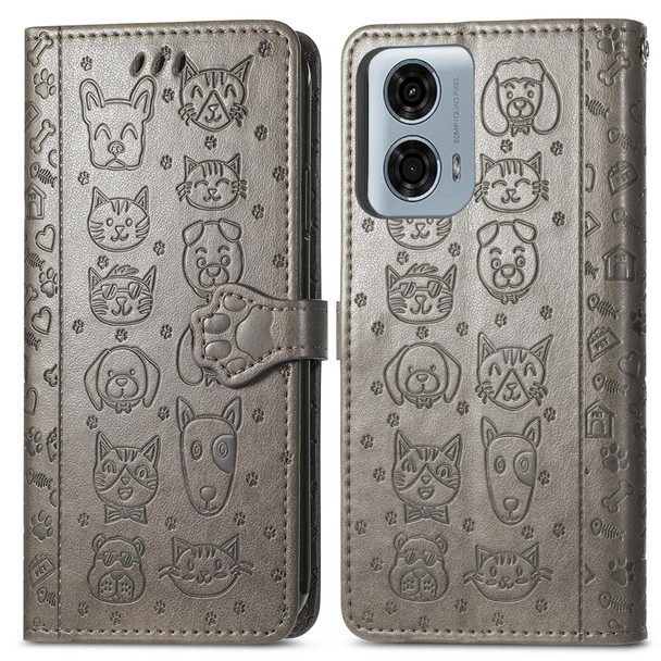 For Motorola MOTO G24 Power Cat and Dog Embossed Leather Phone Case(Grey)