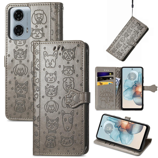 For Motorola MOTO G24 Power Cat and Dog Embossed Leather Phone Case(Grey)