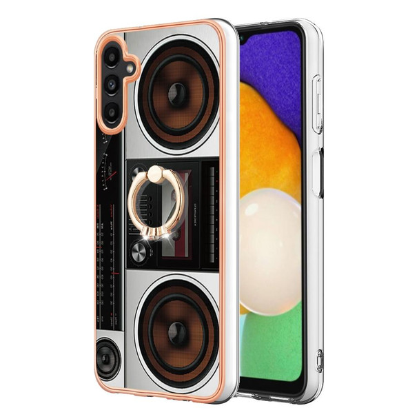 For Samsung Galaxy A35 Electroplating Dual-side IMD Phone Case with Ring Holder(Retro Radio)
