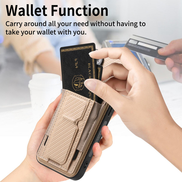For iPhone 11 Pro Carbon Fiber Fold Stand Elastic Card Bag Phone Case(Khaki)