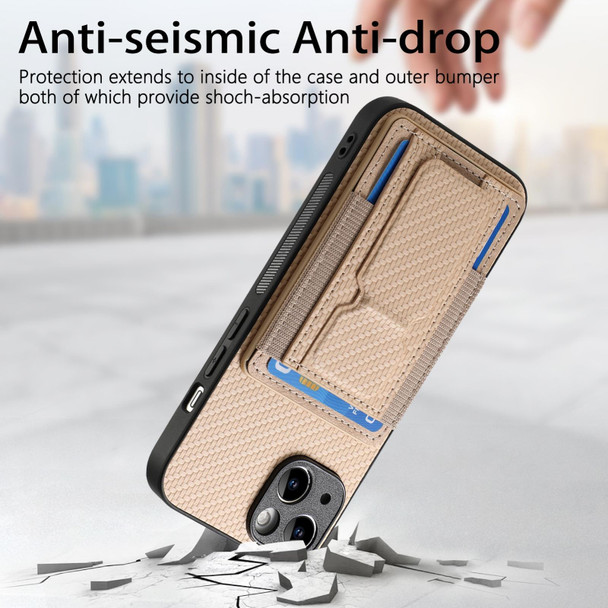 For iPhone 11 Pro Carbon Fiber Fold Stand Elastic Card Bag Phone Case(Khaki)