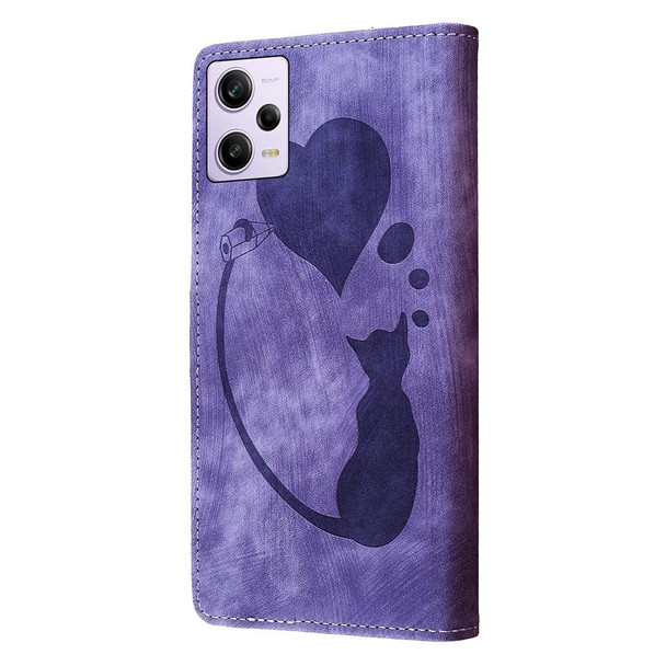 For Xiaomi Redmi Note 12 Pro 5G Global Pen Heart Cat Embossed Leather Phone Case(Purple)