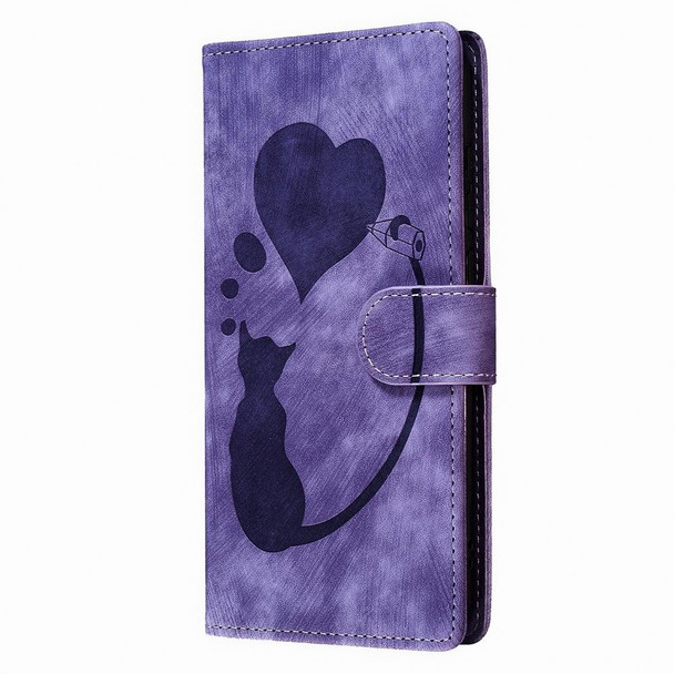 For Xiaomi Redmi Note 10S Pen Heart Cat Embossed Leather Phone Case(Purple)