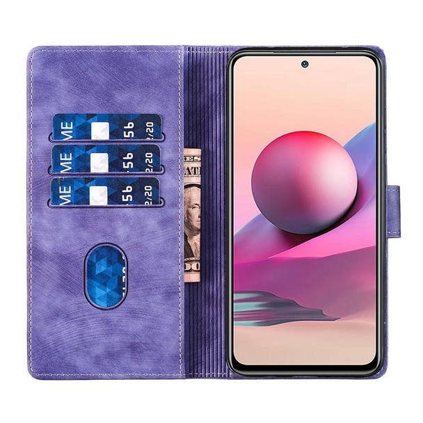 For Xiaomi Redmi Note 10S Pen Heart Cat Embossed Leather Phone Case(Purple)