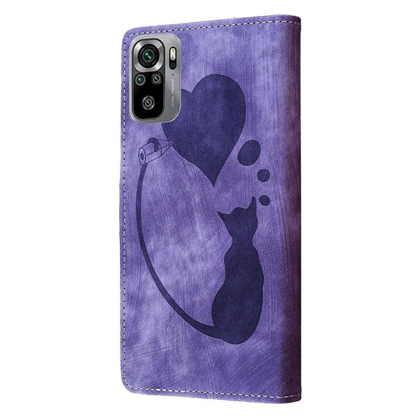 For Xiaomi Redmi Note 10S Pen Heart Cat Embossed Leather Phone Case(Purple)