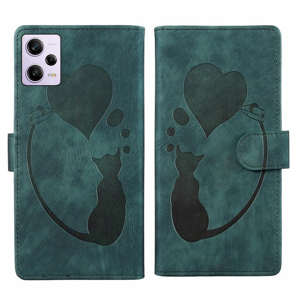 For Xiaomi Redmi Note 12 Pro 5G Global Pen Heart Cat Embossed Leather Phone Case(Green)