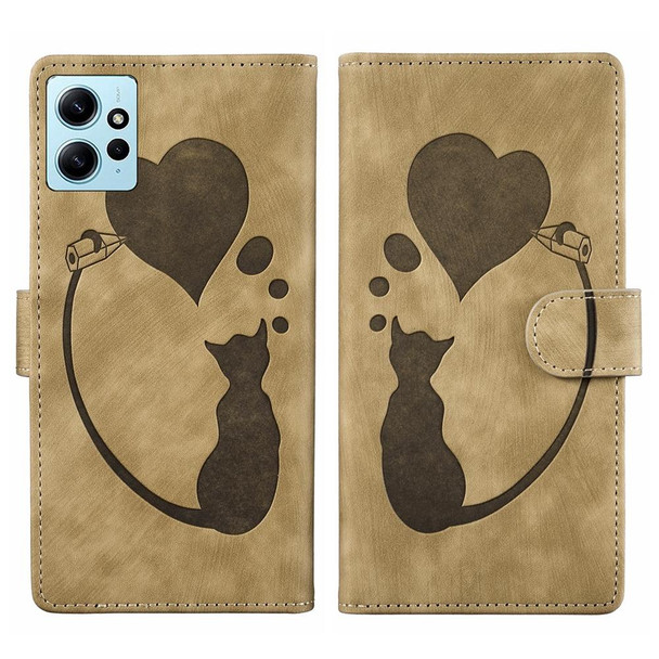 For Xiaomi Redmi Note 12 4G Global Pen Heart Cat Embossed Leather Phone Case(Apricot)