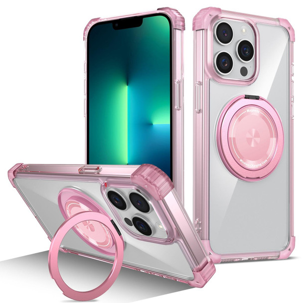 For iPhone 13 Pro Max Gold Shield CD Pattern MagSafe Magnetic Phone Case with Rotating Stand(Transparent Pink)