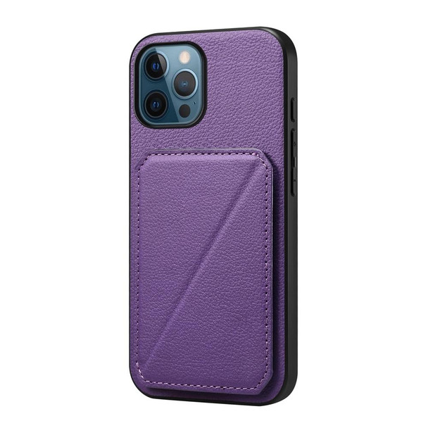 For iPhone 12 Pro D04 Calf Texture Dual Card Slot Holder Phone Case(Purple)