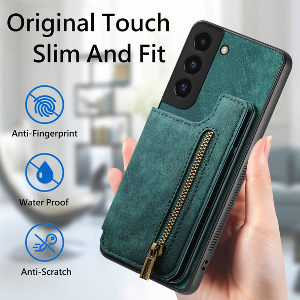 For Samsung Galaxy S22+ 5G Retro Leather Zipper Wallet Back Phone Case(Green)