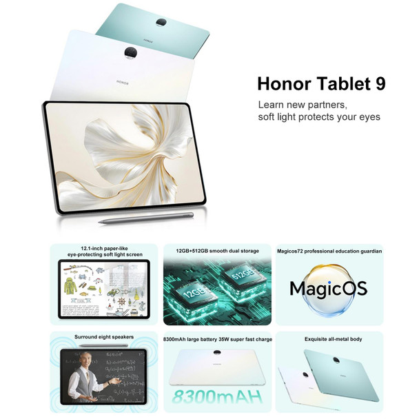 Honor Tablet 9 12.1 inch WiFi, Soft Light 8GB+256GB, MagicOS 7.2 Snapdragon 6 Gen1 Octa Core 2.2GHz, Not Support Google Play(Grey)