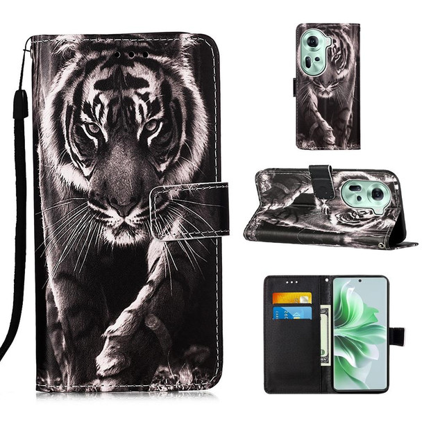 For OPPO Reno11 5G Global Colored Drawing Pattern Plain Weave Leather Phone Case(Black And White Tiger)
