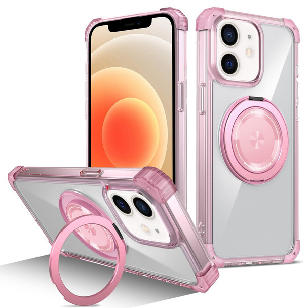 For iPhone 12 Gold Shield CD Pattern MagSafe Magnetic Phone Case with Rotating Stand(Transparent Pink)